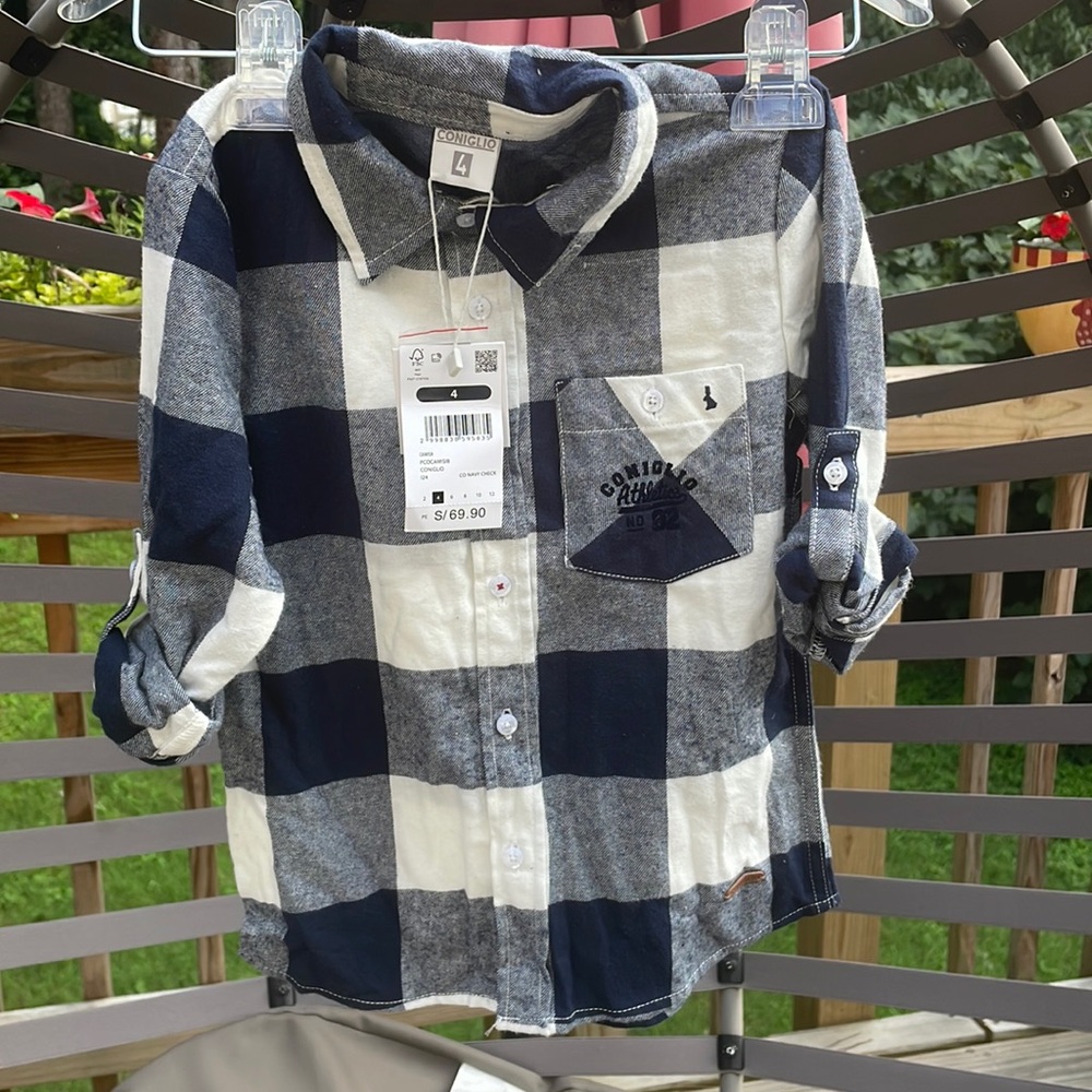NWT-Coniglio  BOYS Flannel shirt -Classic Button Down Navy Check Size Small /4